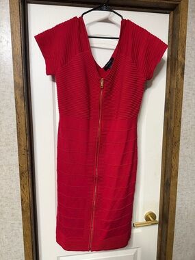 Ashley Stewart Red Ribbed Zip-Front Sheath Dress - Women